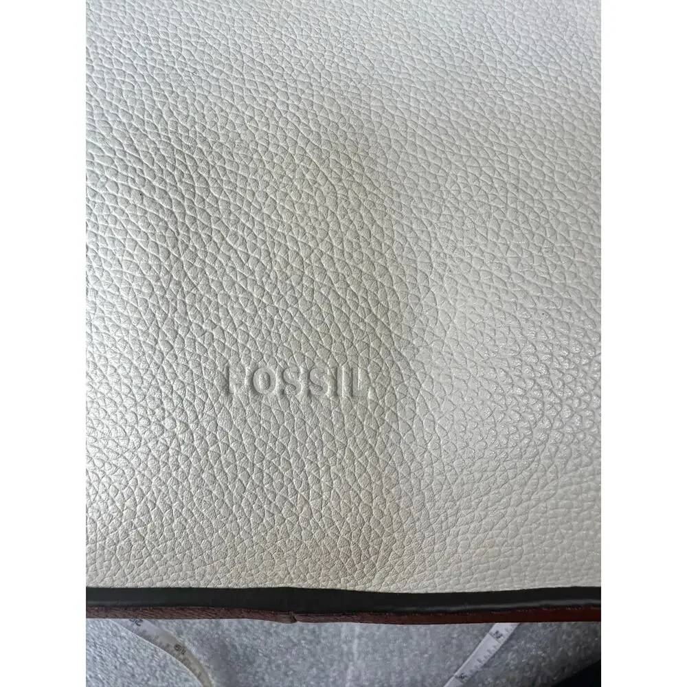 Fossil Genuine Leather Colorblock Tote Bag Ivory Cognac Brown Key Charm